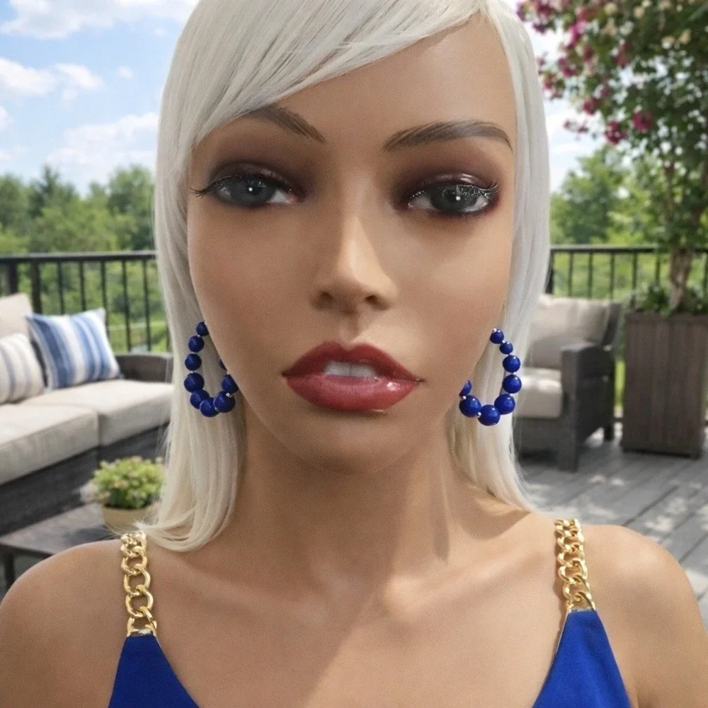 Cobalt Blue Beaded Hoop Drop Earrings Gold Tone Textured Stud Statement Jewelry‎